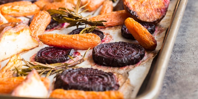 Beets, carrots, potatoes and purple onions roasted with rosemary