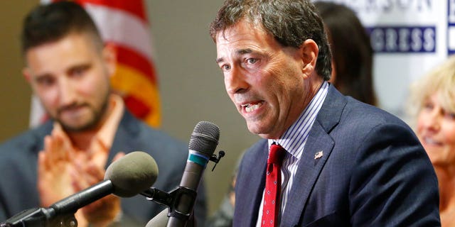 Troy Balderson, Republican candidate for Ohio's 12th Congressional District, speaks to a crowd of supporters during an election night party Tuesday, Aug. 7, 2018, in Newark, Ohio.