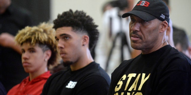 June 23, 2017; Los Angeles, CA, USA; LaVar Ball the father of newly drafted Los Angeles Lakers player Lonzo Ball with sons LaMelo Ball and LiAngelo Ball in attendance at Toyota Sports Center.