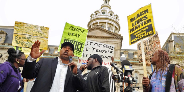 April 20, 2015: Edward Brown speaks at a protest outside City Hall about Freddie Gray in Baltimore.