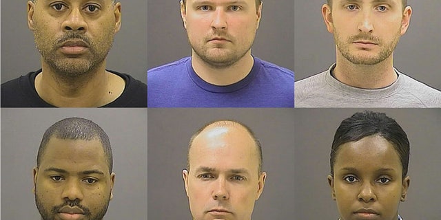 This photo provided by the Baltimore Police Department on Friday, May 1, 2015 shows, top row from left, Caesar R. Goodson Jr., Garrett E. Miller and Edward M. Nero, and bottom row from left, William G. Porter, Brian W. Rice and Alicia D. White, the six police officers charged with felonies ranging from assault to murder in the death of Freddie Gray. (Baltimore Police Department via AP)