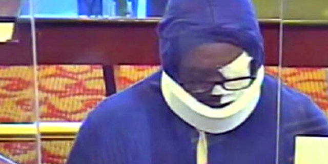 Authorities say a bank robber who disguises himself with bandages, glasses and a neck brace and has hit nine Maryland banks.