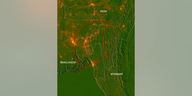 A subduction zone lying beneath Bangladesh, Myanmar and eastern India could release a massive magnitude 8.2 to 9.0 earthquake, new research suggests. The red line shows the areas where the fault is likely locked (the soli