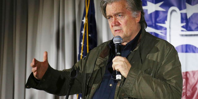 FILE - In this Nov. 9, 2017, file photo, Steve Bannon, speaks during an event in Manchester, N.H. Breitbart News Network announced Tuesday, Jan. 9, 2018, that Bannon is stepping down as chairman of the conservative news site. (AP Photo/Mary Schwalm, File)