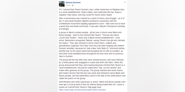 'Defend Durham' urging their followers to bombard the bar with negative reviews.