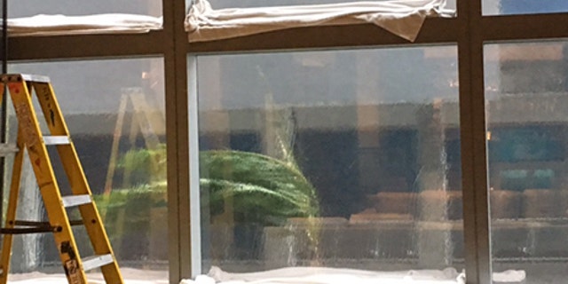 The storm's effects as seen through a building's window.