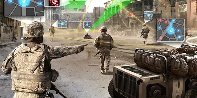 Illustration picture of how a drone swarm could help troops (Raytheon)