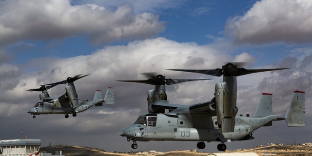 File photo - MV-22B Ospreys with Special Purpose Marine Air-Ground Task Force – Crisis Response – Central Command take off after offloading Marines at the King Abdullah II Special Operations Training Centre (KASOTC) as part of a long-range quick reaction force exercise February 26-27, 2018.