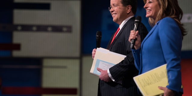Fox Business Network's Neil Cavuto and Maria Bartiromo speak before the FBN 2016 Republican presidential debate.