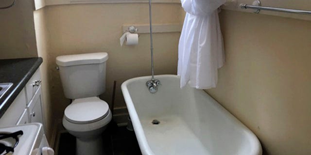 This photo from a rental ad provided by S.F. Shannon Real Estate Management LLC shows a toilet and bathtub in the kitchen of a 200-square-foot apartment in St. Louis.