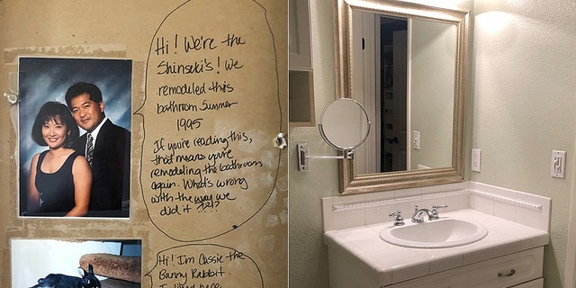 A couple in California found a surprising message (left) in their bathroom wall while remodeling.