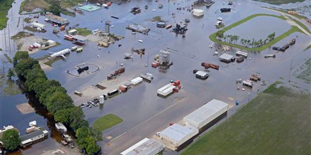 Floodwater covers the site of the LSU Fire and Emergency Training Institute after heavy rains in Baton Rouge on August 16.