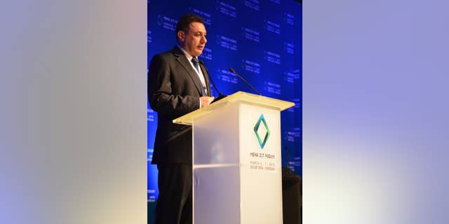 FILE --This March 6, 2013 handout file image provided by the Friends of Nizar Zakka, shows Nizar Zakka, a Lebanese technology expert and advocate for Internet freedom, delivering a speech during the MENA ICT Forum conference in Jordan. Supporters of Zakka, a U.S. permanent resident, detained for a year in Iran over spying allegations say he's been sentenced to 10 years in prison and given a $4.2 million fine. The sentence for Zakka, who advocates for Internet freedom, comes ahead of Iranian officials attending the United Nations General Assembly this week in New York. (Courtesy of Friends of Nizar Zakka group via AP, File)
