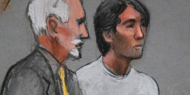 FILE - In this May 30, 2014 file courtroom sketch, Khairullozhon Matanov, right, stands with attorney Paul Glickman in federal court in Boston, facing obstruction of justice charges in the investigation of the Boston Marathon bombings. Matanov is scheduled to appear Tuesday, March 24, 2015, in federal court in Boston for a change of plea hearing. (AP Photo/Jane Flavell Collins, File)