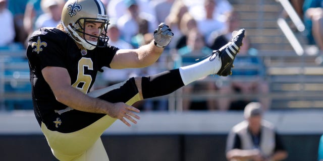 FILE- In this Oct. 2, 2011, file photo, New Orleans Saints punter Thomas Morstead follows through on a punt during an NFL football game against the Jacksonville Jaguars in Jacksonville, Fla. While the Saints have struggled, Morstead has quietly had an extraordinary season. The former SMU standout is on pace to set an NFL record for net average in a season. (AP Photo/Phelan M. Ebenhack, File)