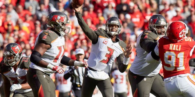 Nov 20, 2016; Kansas City, MO, USA; Tampa Bay Buccaneers quarterback Jameis Winston (3) throws a pass in the first half against the Kansas City Chiefs at Arrowhead Stadium. Mandatory Credit: Gary Rohman-USA TODAY Sports