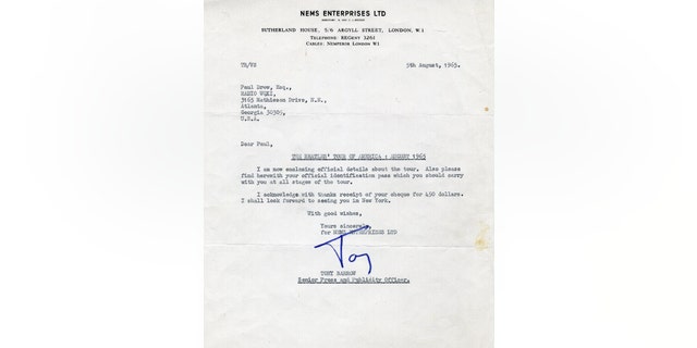 The letter from Beatles press officer Tony Barrow to Paul Drew (Henry Aldridge & Son)