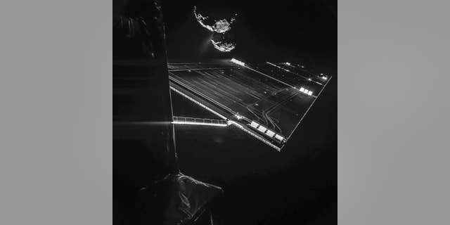 The image composed of two different images and provided by the European Space Agency ESA on Wednesday, Oct. 15, 2015 shows parts of the spacecraft Rosetta in front of the comet 67P/Churyumov–Gerasimenko from a distance of about 16 km from the surface of the comet. The image was taken on 7 October and captures the side of the Rosetta spacecraft and one of Rosetta’s 14 m-long solar wings, with the comet in the background. Two images with different exposure times were combined to bring out the faint details in this very high contrast situation. The comet's active ‘neck’ region is clearly visible, with streams of dust and gas extending away from the surface. (AP Photo/ESA)