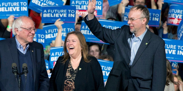 Democratic presidential candidate Sen. Bernie Sanders, I-Vt., his wife Jane Sanders, and his son Levi Sanders arrive at a primary night rally in Essex Junction, Vt., March 1, 2016.