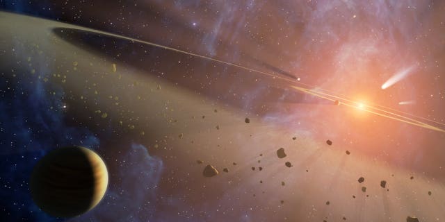 An artist's depiction of a giant young planet like beta Pictoris b orbiting its star.