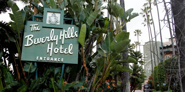 April 25, 2012. The entrance to the Beverly Hills Hotel is seen in Beverly Hills, Calif.