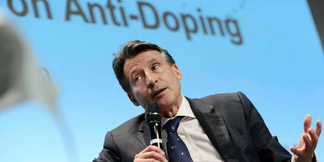FILE - In this Monday, March 14, 2016 file photo, International Association of Athletics Federations, IAAF, president Britain's Lord Sebastian Coe speaks during the WADA Symposium for Anti-Doping Organizations (ADOs), in Lausanne, Switzerland. Russia will learn on  Friday, June 17, 2016 if its track and field athletes will be allowed to compete at the Rio de Janeiro Olympics, as more damning evidence of doping irregularities pour in. The latest WADA report on the obstruction of drug testing in Russia came shortly before the sport's governing body, the IAAF, decides whether to admit Russia's athletes to the Olympics. (Laurent Gillieron/Keystone via AP, File)
