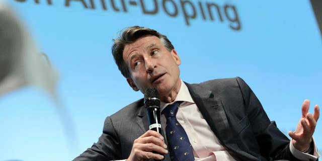 FILE - In this Monday, March 14, 2016 file photo, International Association of Athletics Federations, IAAF, president Britain's Lord Sebastian Coe speaks during the WADA Symposium for Anti-Doping Organizations (ADOs), in Lausanne, Switzerland. Russia will learn on Friday, June 17, 2016 if its track and field athletes will be allowed to compete at the Rio de Janeiro Olympics, as more damning evidence of doping irregularities pour in. The latest WADA report on the obstruction of drug testing in Russia came shortly before the sport's governing body, the IAAF, decides whether to admit Russia's athletes to the Olympics. (Laurent Gillieron/Keystone via AP, File)