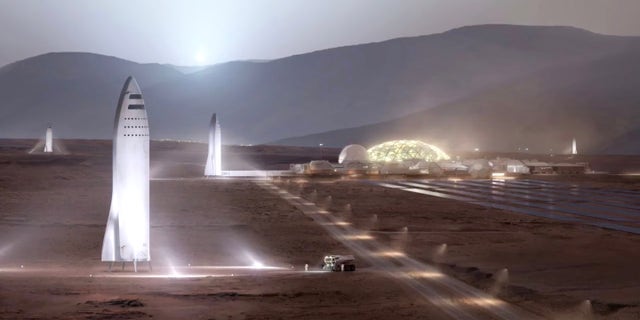 Artist's illustration of SpaceX "BFR" spaceships on the surface of Mars.