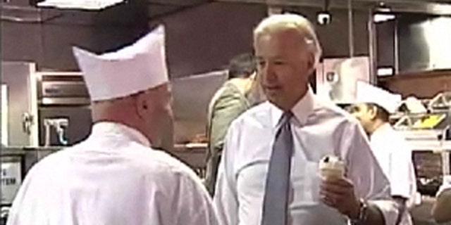 Vice President Biden is shown speaking with the manager of Kopp’s Frozen Custard in Milwaukee, Wis. (WISN)