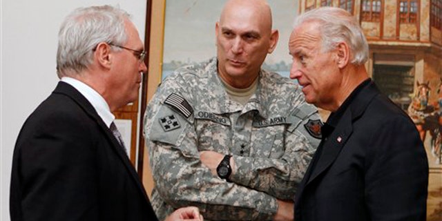 FILE: In this July 3 photo, Gen. Ray Odierno meets with Vice President Biden and U.S. Ambassador to Iraq Christopher Hill at the embassy in Baghdad. (AP Photo)