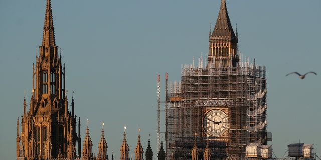 The Big Ben clocktower is surrounded in scaffolding in London, December 28, 2017.