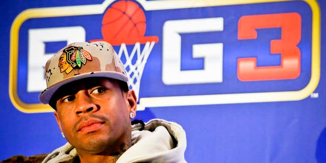 Former NBA player Allen Iverson listens during a press conference launching the "BIG3, a 3-on-3 half-court professional basketball league for retired players, Wednesday Jan. 11, 2017, in New York. Iverson will coach a team and play in the new league. (AP Photo/Bebeto Matthews)