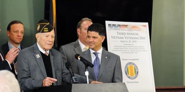 Sen. Bill Larkin speaks at the Third Annual Vietnam Veterans Day in New York, March 28, 2018.