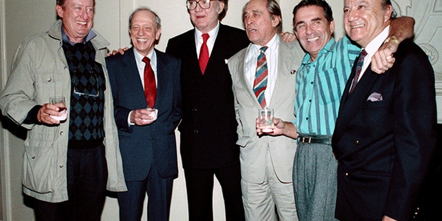FILE - In this Oct. 4, 1990 file photo, Steve Allen, third from left, and some of the original cast members of the popular 1950's television show, "Steve Allen Show," from left: Tom Poston, Don Knotts, Allen, Louis Nye, Pat Harrington Jr., and Bill Dana appear in Beverly Hills, Calif. Dana, a comedy writer and performer who won stardom in the 1950s and '60s with his character Jose Jimenez, has died. He died Thursday, June 15, 2017, at his home in Nashville, Tenn., according to Emerson College, his alma mater. He was 92. (AP Photo/Kevork Djansezian, File)