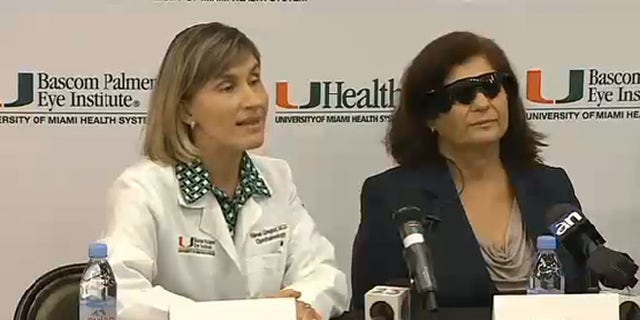 Dr. Ninel Gregori (left) of Bascom Palmer Eye Institue with patient Carmen Torres (right).
