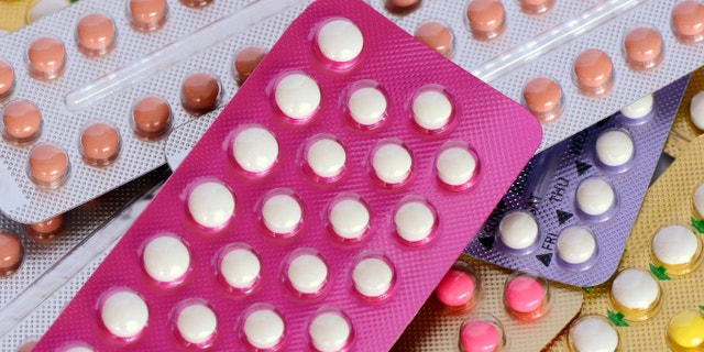Colorful oral contraceptive pill both 21 and 28 tablets strips.