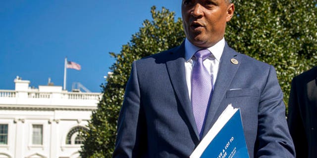 n this March 22, 2017, photo, Rep. Cedric Richmond, D-La., the chairman of the Congressional Black Caucus speaks to members of the media at the White House in Washington.