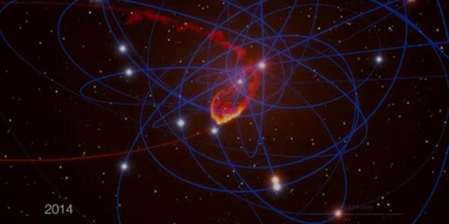 This still from a computer animation shows a simulation of a giant space cloud falling into Sagittarius A*, the supermassive black hole at the center of our own Milky Way galaxy, in mid-2013. Image added on July 2, 2012.