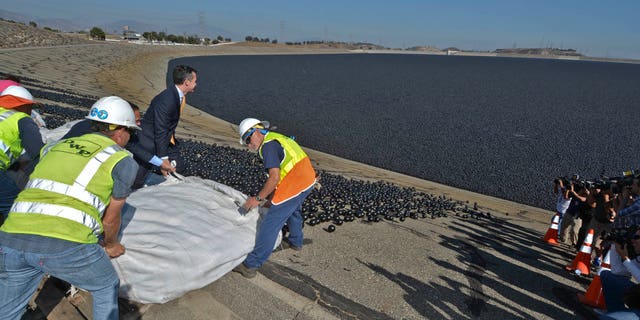 Los Angeles City Councilman Mitch Englander, Mayor Eric Garcetti (wearing a yellow tie) and LADWP workers deposit the final installment of 96 million shade balls into the Los Angeles Reservoir. (Art Mochizuki, LADWP)