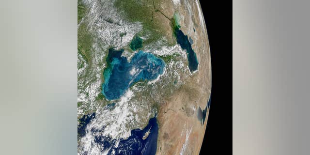 Phytoplankton swirl in the Black Sea in this image from NASA's Aqua satellite.