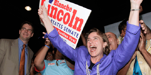 Sen. Blanche Lincoln, D-Ark., greets supporters as her husband Steve, left, watches as the senator claimed victory in the Democratic primary runoff election in Little Rock, Ark., Tuesday, June 8, 2010. (AP)