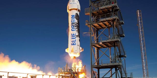 Blue Origin's New Shepard suborbital vehicle lifts off on a test flight in January 2016. The company launched a presumably new variant of New Shepard on Dec. 12, 2017, according to media reports and a Federal Aviation Administration launch license.
