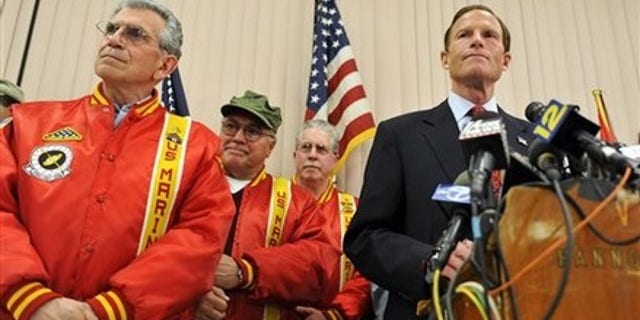 FILE: Connecticut Attorney General and Democratic candidate for U.S. Senate Richard Blumenthal stood with veterans in May to discuss misstatements about his military service during the Vietnam War. (AP Photo)