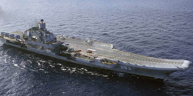 The Admiral Kuznetsov carrier sails in the Barents Sea, Russia.