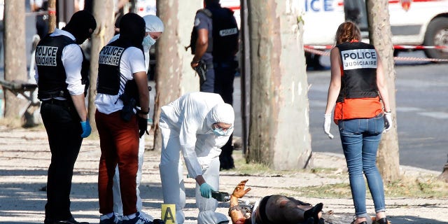 Criminal police inspect the body of a suspect at the scene of an incident in which a car rammed a gendarmerie van on the Champs-Elysees Avenue in Paris, France, June 19 2017. (REUTERS/Charles Platiau)