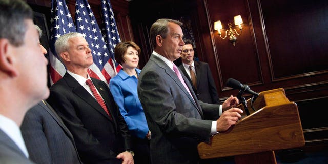 March 1: House Speaker John Boehner of Ohio, second from right, speaks during a news conference on Capitol Hill in Washington.