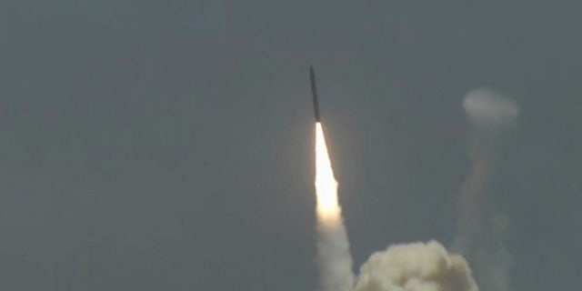 An interceptor is launched from Vandenberg Air Force Base in California during a test of the U.S.'s ground-based missile defense system.