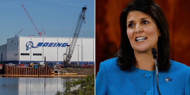 This Dec. 19, 2013 file photo shows the entrance to Boeing in North Charleston, S.C., and in this Wednesday, Jan. 21, 2015 photo South Carolina Gov. Nikki Haley delivers her State of the State address to the joint session of the legislature at the Statehouse in Columbia, S.C.