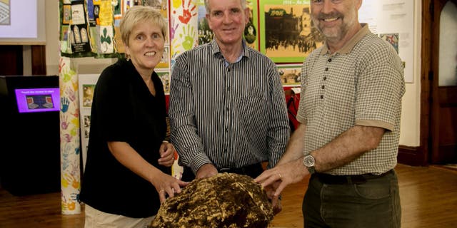 Left to right - Cavan County Museum Curator Savina Donohoe, Farmer Jack Conway, Assistant Keeper at the National Museum of Ireland Andy Halpin (Cavan County Museum/Copper Tree Photography).