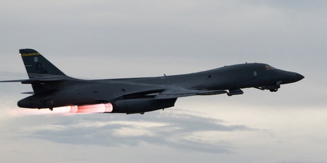 A U.S. Air Force B-1B Lancer takes-off to fly a bilateral mission with Japanese and South Korea Air Force jets in the vicinity of the Sea of Japan, from Andersen Air Force Base, Guam, October 10, 2017.